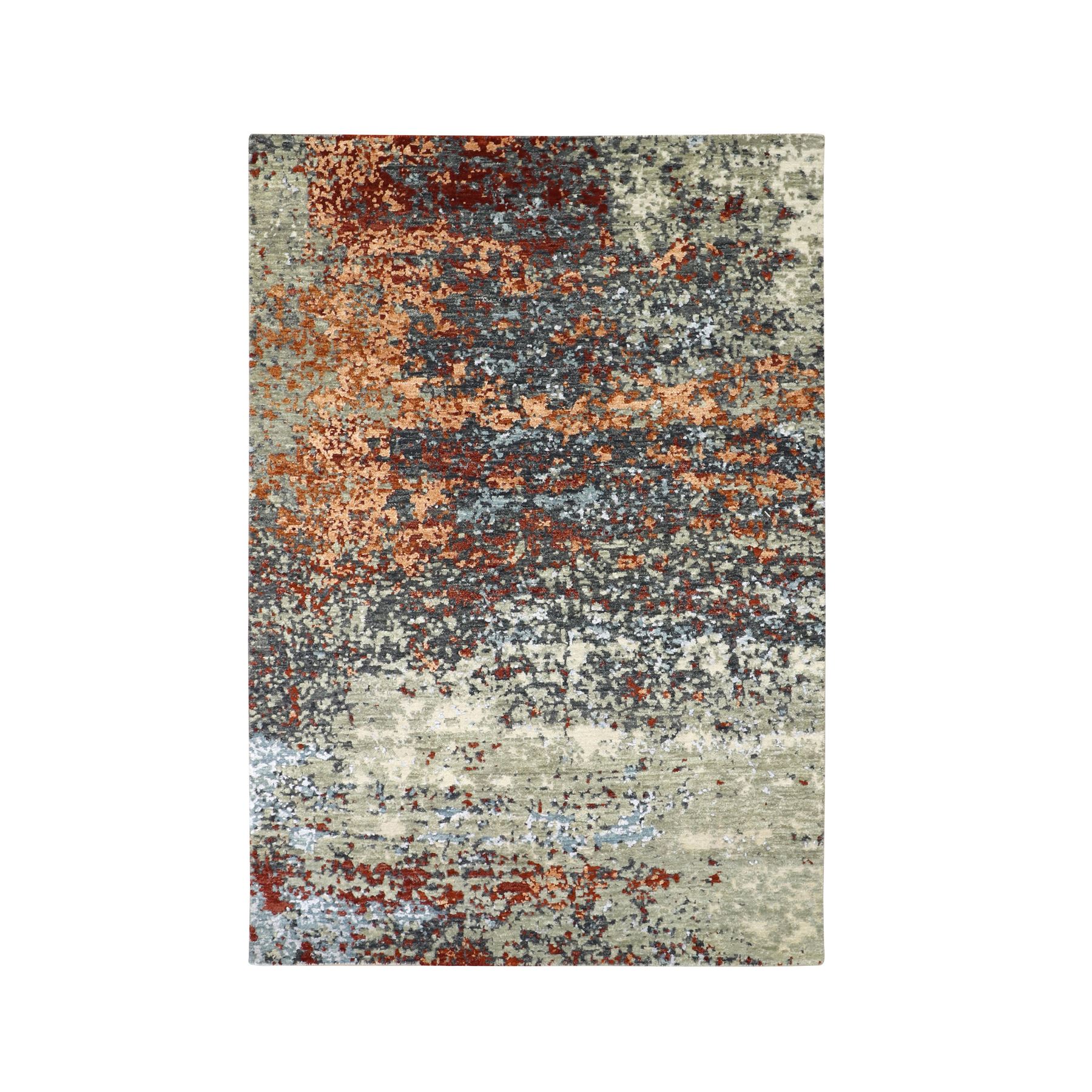 Charcoal Gray with Orange, Persian Knot, Abstract with Galaxy Design, Pure Wool, Hand Knotted, Densely Woven, Oriental Rug